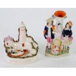 19th CENTURY STAFFORDSHIRE FLAT BACK POTTERY SPILL VASE GROUP, modelled as a romantic couple with