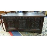 SEVENTEENTH CENTURY CARVED OAK COFFER, typical form with moulded oblong top above three panels to