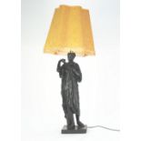 LARGE BRONZED METAL FIGURAL TABLE LAMP in the form of a maiden in classical robes standing on a