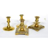 PAIR OF LATE VICTORIAN CAST BRASS DWARF CANDLESTICKS and another plain pair (4)