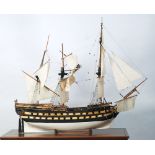 KIT BUILD BALSA WOOD MODEL OF THREE MASTED GUN SHIP, on wood stand, 35 3/4" (90.8cm) high overall,