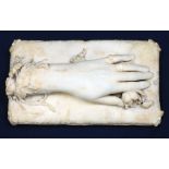 A 19th CENTURY WHITE MARBLE SCULPTURE OF THE LEFT HAND OF THE NOVELIST GEORGE ELIOT (Mary Ann Evans,