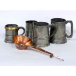 FOUR 19th CENTURY PEWTER MUGS AND A COPPER LADLE (5)