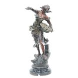 SPELTER FIGURE OF A LADY SCATTERING FLOWERS FROM A BASKET, on turned black wood base, signed Geo.