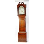 LATE EIGHTEENTH CENTURY OAK AND MAHOGANY CROSSBANDED LONGCASE CLOCK, the 13" painted Roman dial with