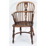 NINETEENTH CENTURY ELM AND FRUIT WOOD LOW BACKED WINDSOR OPEN ARMCHAIR, of typical form with two