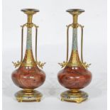 PAIR OF LATE 19th CENTURY FRENCH ORMOLU MOUNTED VEINED RED MARBLE CHAMPLEVE ENAMEL DECORATED TWO-
