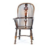 NINETEENTH CENTURY ELM AND FRUITWOOD HIGH BACK WINDSOR ARMCHAIR, of typical form with pierced