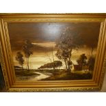 R. VAN BLEEK OIL PAINTING ON CANVAS (MONOCHROME) RIVER LANDSCAPE WITH COTTAGE SIGNED 20" X 28" (50.