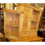 TWO WAXED PINE OVAL MIRRORS, A WAXED PINE MURAL CUPBOARD AND A WAXED PINE CORNER DISPLAY UNIT