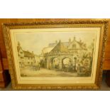 E. STURGEON ARTIST SIGNED COLOUR PRINT VILLAGE STREET SCENE WITH FIGURES SIGNED 18" X 30" (45.7cm