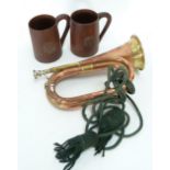 COPPER AND BRASS BUGLE, TOGETHER WITH TWO DUKE OF YORK OWN EAST YORKSHIRE REGIMENT 15TH FOOT