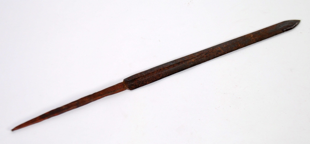 AGED JAPENESE CAST METAL SPEAR HEAD double edged and part fullered and having simple chiselled