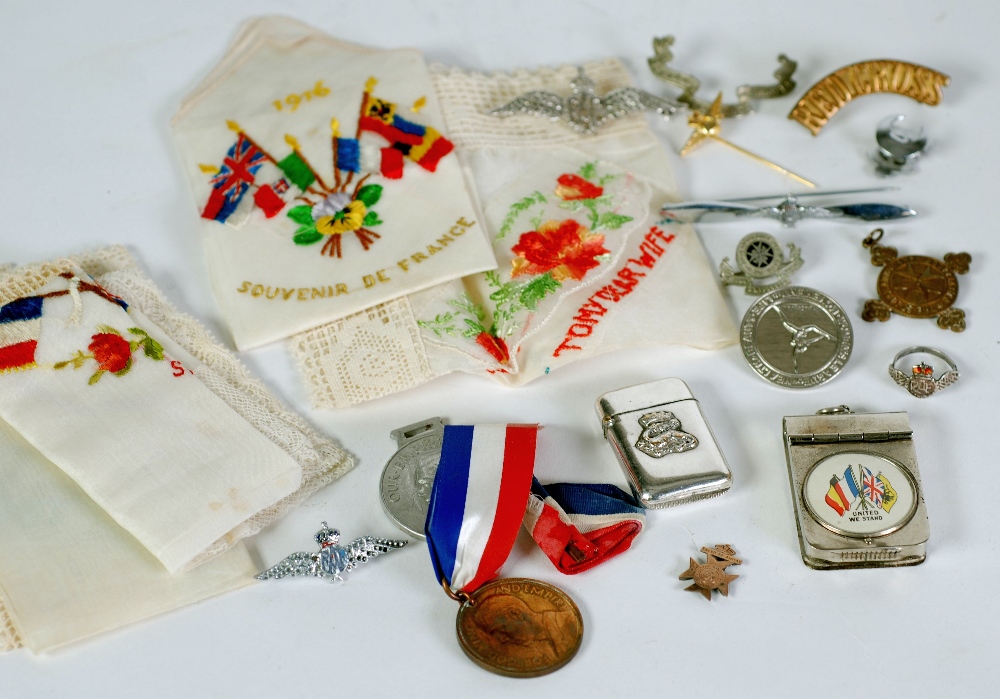 FIVE WWI EMBROIDERED SILK HANDKERCHIEFS, TWO METAL VESTA CASES with military motifs, AN ENAMELLED