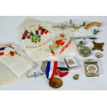 FIVE WWI EMBROIDERED SILK HANDKERCHIEFS, TWO METAL VESTA CASES with military motifs, AN ENAMELLED