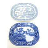 TWO NINETEENTH CENTURY STAFFORDSHIRE PRINTED BLUE AND WHITE POTTERY MEAT DISHES, one with