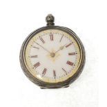 SWISS SILVER CASED LADY'S FOB WATCH, key wind movement, roman dial with gilt decoration, foliate