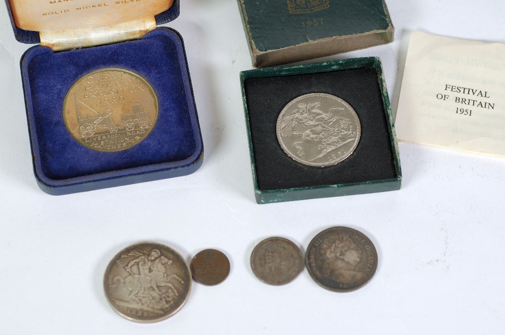 TWO GEORGE III SILVER COINS, viz shilling and half crown 1817, VICTORIA CROWN 1889 and a plated