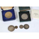 TWO GEORGE III SILVER COINS, viz shilling and half crown 1817, VICTORIA CROWN 1889 and a plated