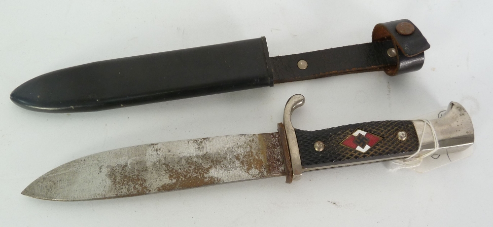 GERMAN POST WAR HITLER YOUTH KNIFE, with single edge blade black composition chequered grip with