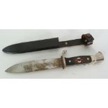 GERMAN POST WAR HITLER YOUTH KNIFE, with single edge blade black composition chequered grip with