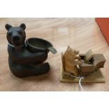 EARLY 20th CENTURY BLACK FOREST CARVED SOFTWOOD SEATED BEAR ASH TRAY HOLDER depicted with head