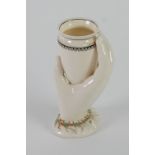 NINETEENTH CENTURY ROYAL WORCESTER CHINA HAND PATTERN POSY VASE, white glazed and heightened in