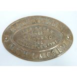 CAST BRASS ENGINEERS PLAQUE; R & W. HAWTHORN, LESLIE & CO LTD, ENGINEERS 3569 ENGLAND, NEWCASTLE