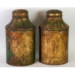 PAIR OF LATE NINETEENTH CENTURY TOLE WARE CHINESE TEA CANISTERS, panelled from with gilt figural