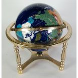 MODERN POLISHED GEMSTONE TERRESTRIAL GLOBE utilising numerous minerals on a lapis lazuli powder