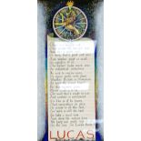PEN AND INK WATERCOLOUR DRAWING OF THE LUCAS LION TRADE MARK AND A HAND SCRIPTED VERSE, inscribed on