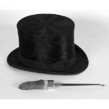 'BEST QUALITY LONDON' GENTLEMAN'S TOP HAT and a late 19th Century LARGE STEEL BUTTON HOOK with foxes