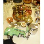 BRASS AND COPPER WARES, INCLUDING AN OVAL COPPER TRAY, CANDLESTICKS, COPPER BOXES AND COVERS, ETC...