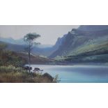 CIRCA 1900 OIL PAINTING ON CARD LANDSCAPE WITH LAKE 9" X 17" (22.8cm x 43.3cm) AND AN OILOGRAPH,