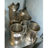 *ROUNDHEAD PEWTER FOUR PIECE COFFEE SERVICE, planished detail with black handles WITH THREE