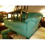 A PAIR OF MODERN GREEN HIDE UPHOLSTERED THREE SEATER SETTEES