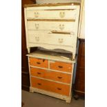 A VICTORIAN PAINTED CHEST OF DRAWERS OF THREE GRADUATED LONG, AND ANOTHER EXAMPLE OF TWO SHORT AND