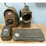 KENYONS/PATENT RAILWAY LAMP, rusty, TWO HAND LAMPS and a BLACK JAPANNED METAL ROUNDED OBLONG BOX