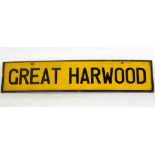 ENAMEL STATION SIGN/TABLET 'GREAT HARWOOD' BOLTON single sided oblong with black lettering on yellow