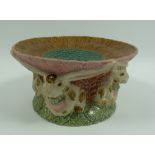 MODERN MAJOLICA MOULDED POTTERY TABLE CENTRE DISH, shallow form with stiff leaf moulded border, on a