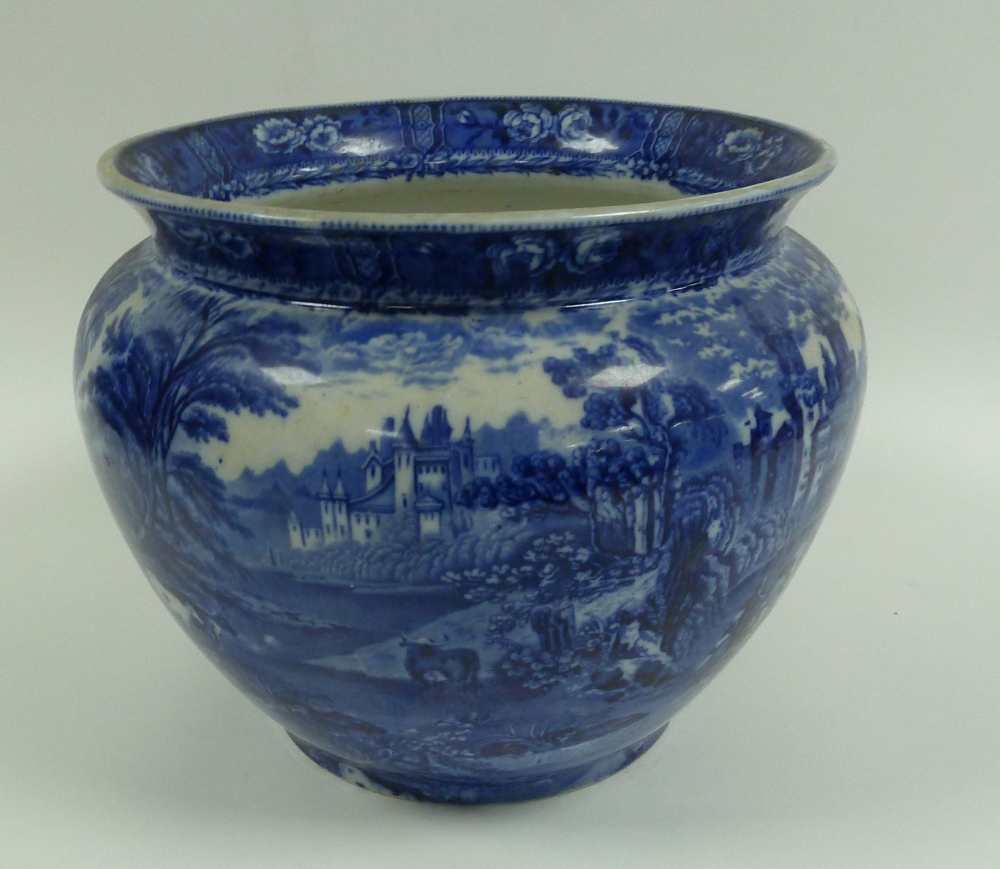 CAULDON BLUE AND WHITE POTTERY JARDINIERE, typical form, printed with rural landscapes, 9 1/2" (24.