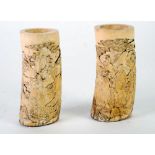 A PAIR OF NINETEENTH CENTURY JAPANESE VERY FINELY CARVED IVORY TUSK SECTION VASES, each with