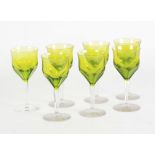 SET OF TWELVE STEMMED WINE GLASSES with lime green bowls, facet cut stems and plain bases, 5 1/4" (