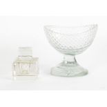 NINETEENTH CENTURY PEDESTAL GLASS SWEET MEAT DISH, of oval form with faceted column and oval base,