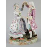 LARGE GERMAN PORCELAIN GROUP, modelled as a finely dressed lady and gentleman dancing, raised on