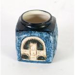 TROIKA, CORNWALL MOULDED POTTERY MARMALADE POT, decorated in tones of green, blue and brown with