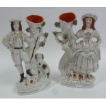 PAIR OF NINETEENTH CENTURY STAFFORDSHIRE POTTERY FLAT BACK SPILL HOLDER GROUPS, SHEPHERD AND DOG AND