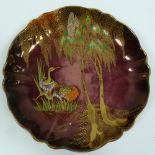 CARLTON WARE NEW STORK PATTERN 'ROUGE ROYALE' SHALLOW POTTERY DISH with gilt lined wavy rim, 9" (