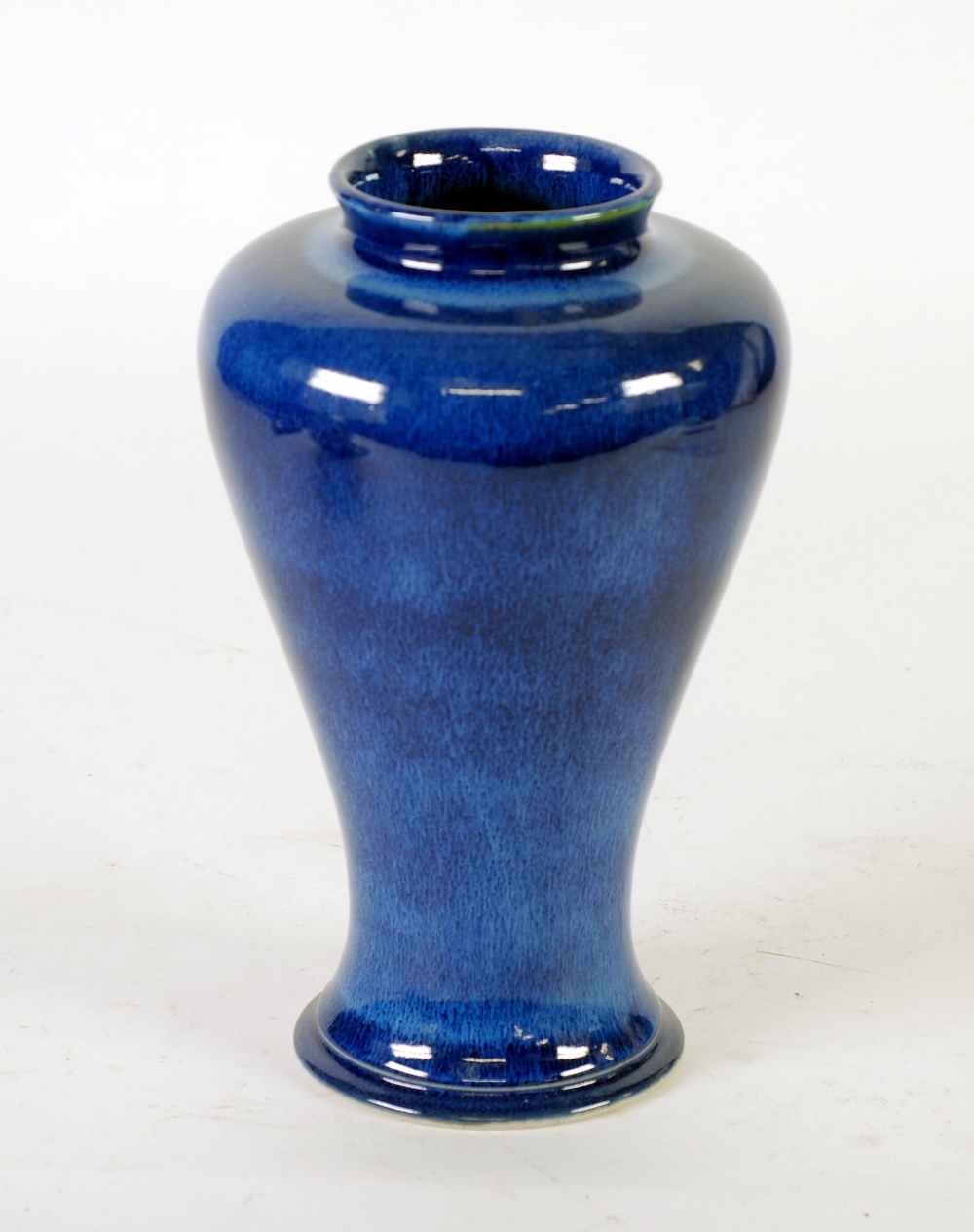 COBRIDGE MOTTLE BLUE GLAZED POTTERY VASE, of ovoid form with short, lipped rims, impressed mark, 10"