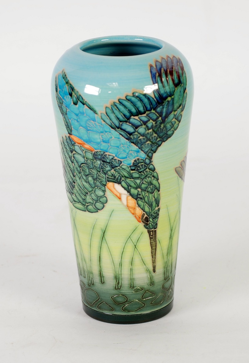 SALLY TUFFIN FOR DENNIS CHINA WORKS, LIMITED EDITION TUBE LINED POTTERY 'Kingfisher' VASE, of